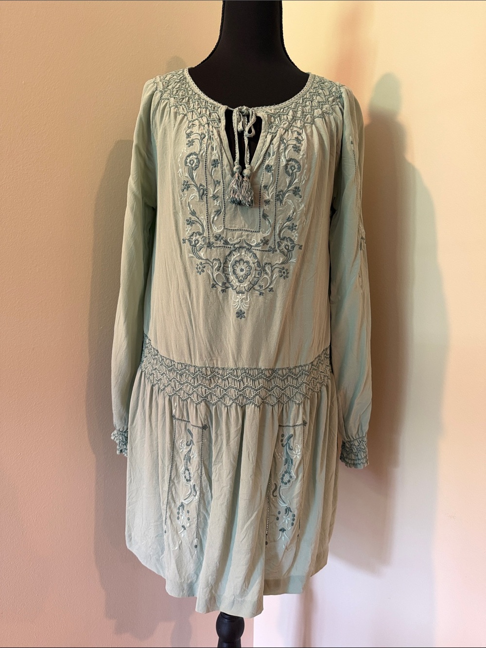 Calypso St. Barth Sage Green Embroidered Boho Silk Tunic
